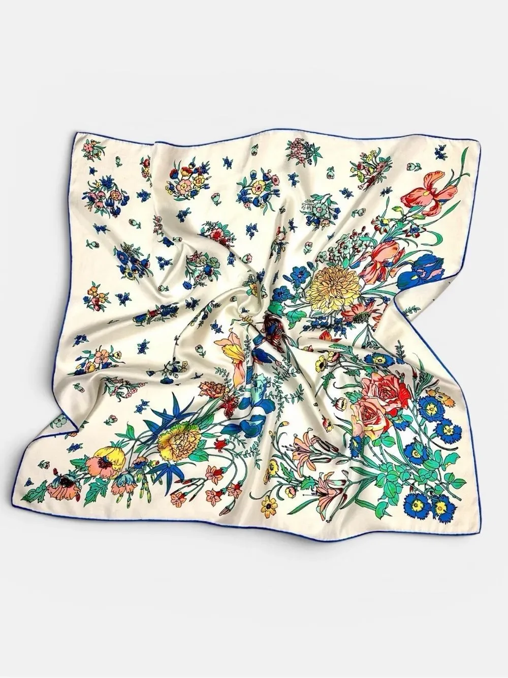 Vintage Square Silk Scarf Ivory with Floral Print Hand Rolled 28x28